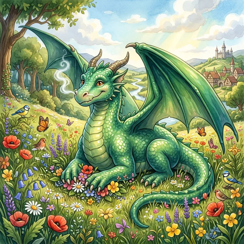 Friendly Dragon in a Serene Meadow Friendly Dragon in a Serene Meadow