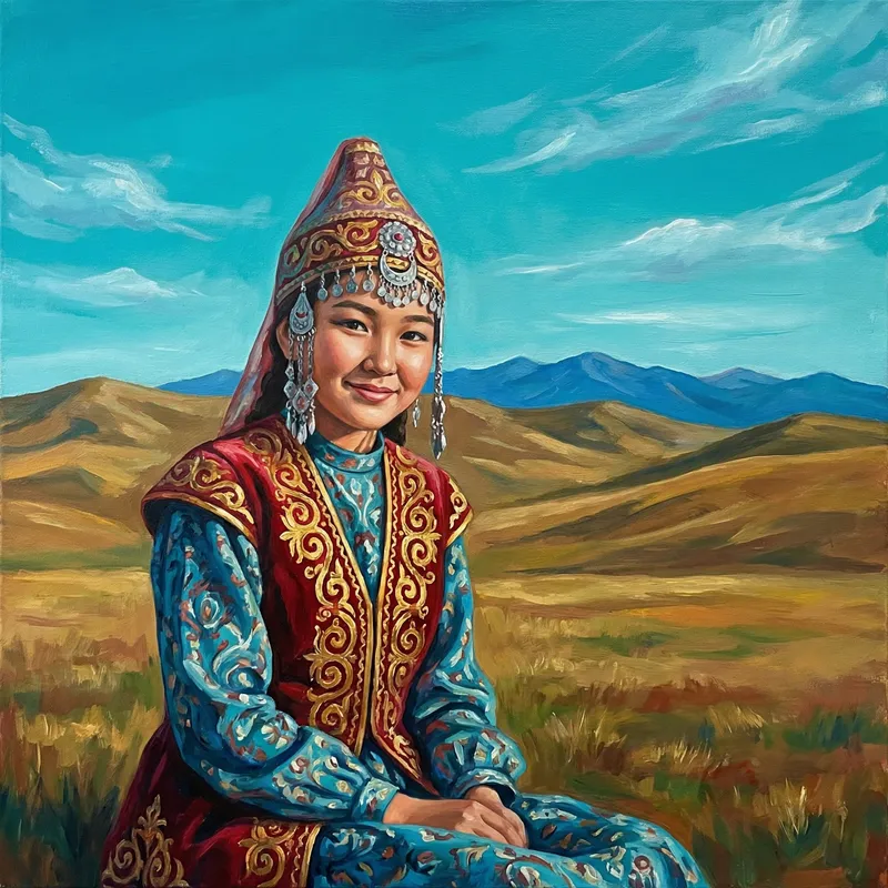 Kazakh Girl in Traditional Acrylic Painting