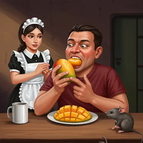 Man Enjoying Mango with Maid Nearby