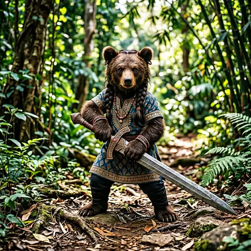 Young Girl Anthropomorphic Bear with Sword