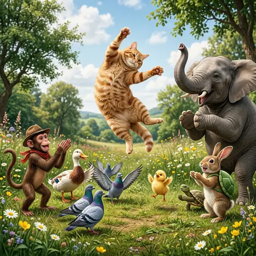 Chubby Cat's Impressive Leap: Animal Gathering Fun