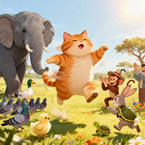 Chubby Cat's Impressive Leap: Animal Gathering Fun