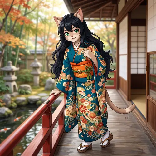Cat Girl Character in Enchanting Kimono Costume