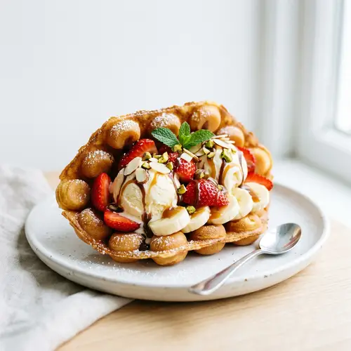 Hong Kong Waffle with Ice Cream, Strawberries, Bananas