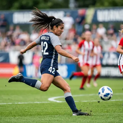 Female Soccer Player in Navy and Grey Jersey 42