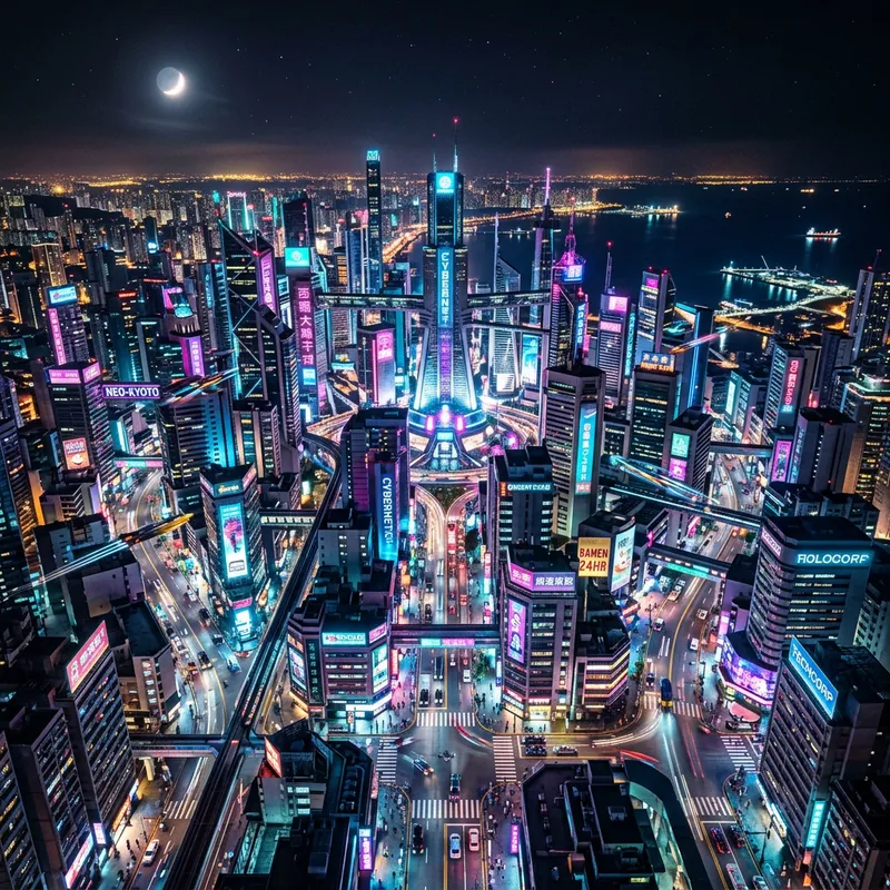 Neon Cyberpunk City - Aerial View of Futuristic Metropolis