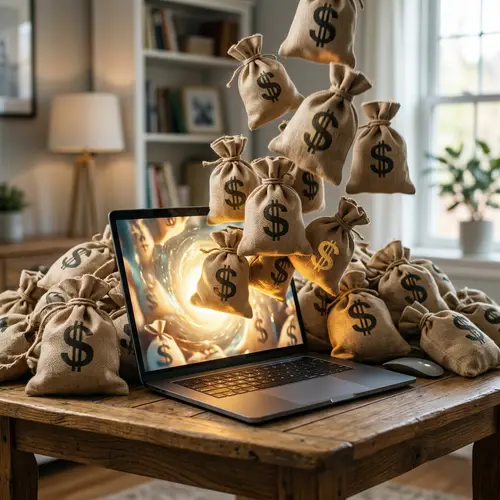 Money Bags Bursting from Laptop Screen - Crazy 3D Visual