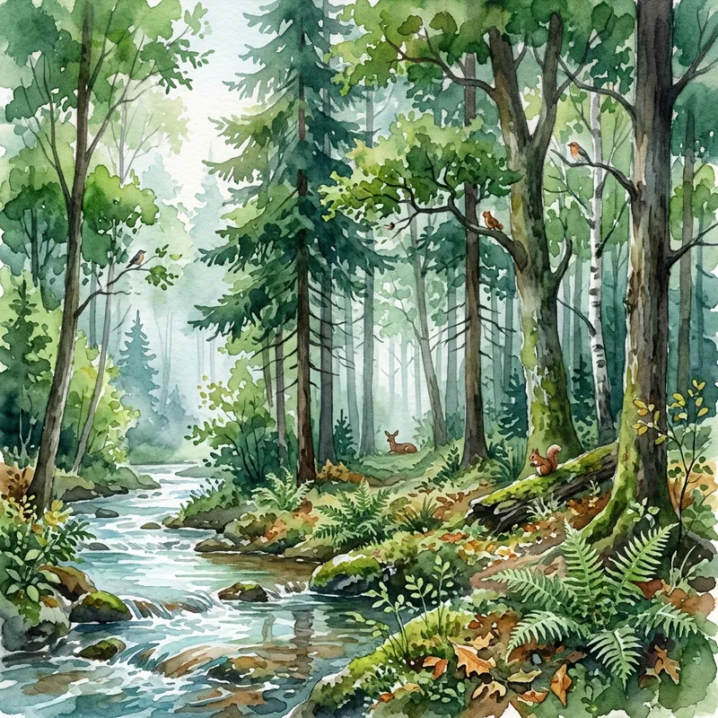 Watercolor Forest Scene | Lush Nature Beauty