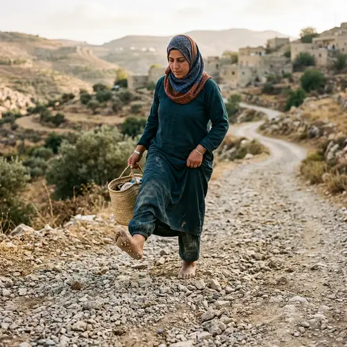 Middle-Eastern Woman Walking Barefoot on Gravel