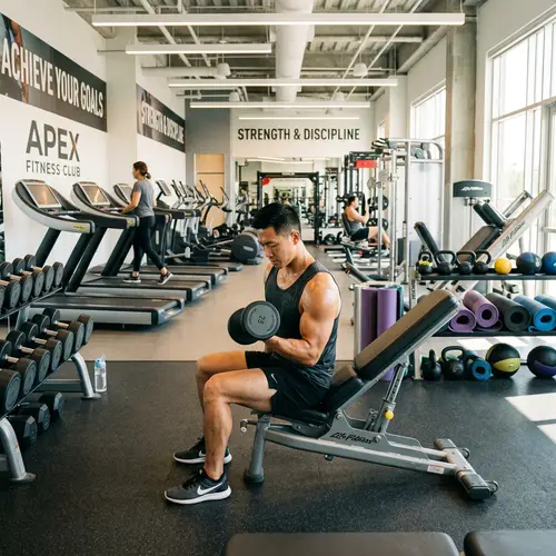 Modern Gym Environment with Asian Man Working Out