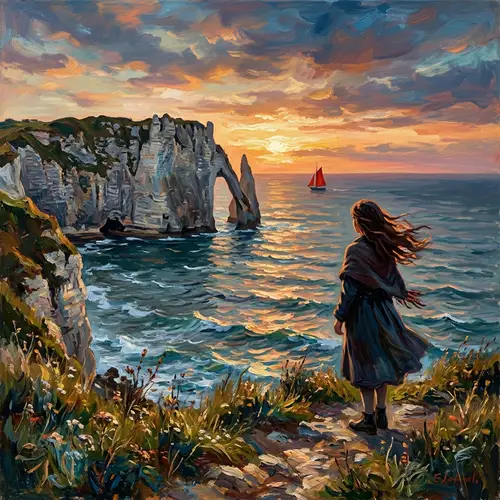 Girl by Etretat Cliff at Sunset: Impressionist Art