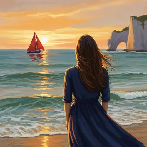Girl by Etretat Cliff at Sunset: Impressionist Art