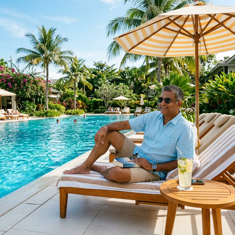 Tranquil Poolside Moment | Peaceful Relaxation Next to Blue Pool