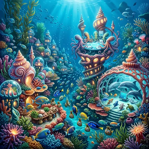 Underwater Society with Colorful Coral Buildings and Marine Flora