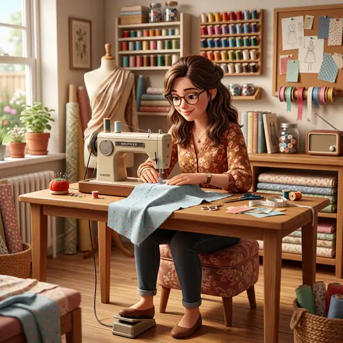 Brunette Woman Sewing Clothes Behind Sewing Machine