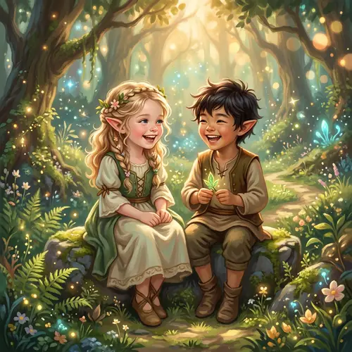 Whimsical Elven Children in a Magical Forest Glade