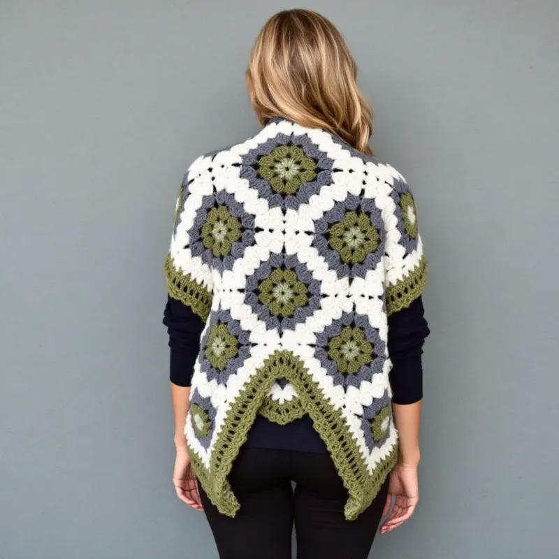Olive Green & Cream Crochet Granny Square Cardigan