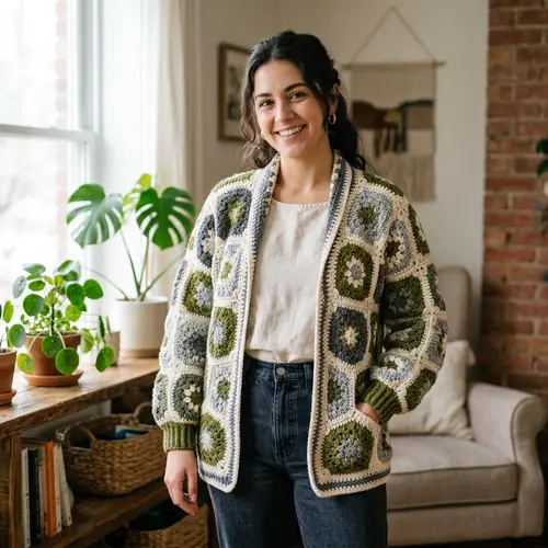 Olive Green & Cream Crochet Granny Square Cardigan