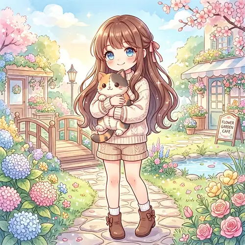 Beautiful Anime Girl Holding Cat Plushie | Cute Illustration