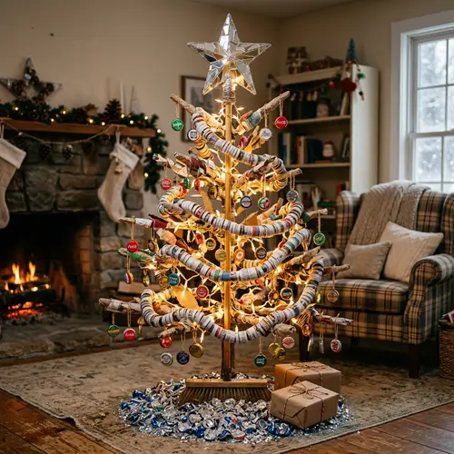 Eco-Friendly Recycled Christmas Tree Crafted with Newspaper Garland and Bottle Cap Ornaments