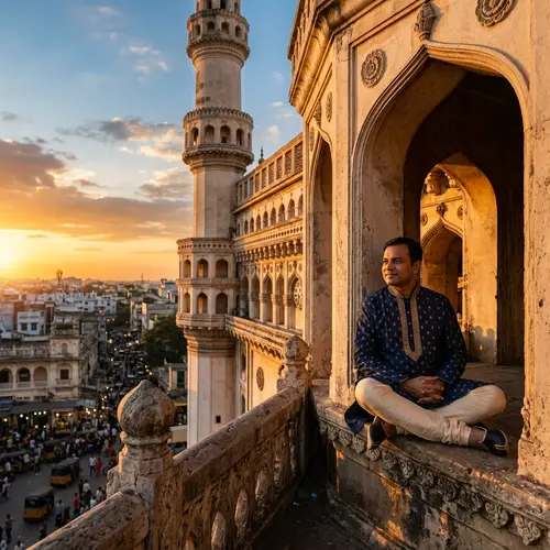 Iconic Asian Indian Man Sitting on Charminar-like Structure