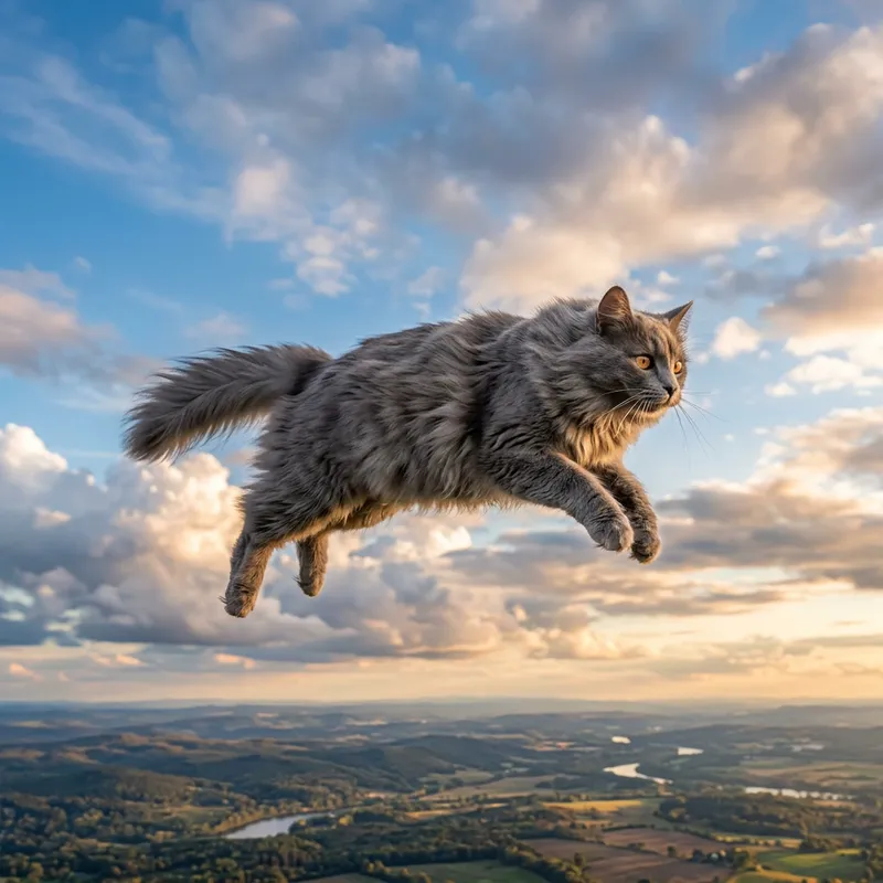 Fluffy Grey Cat with Billowing Fur Soaring in Sky