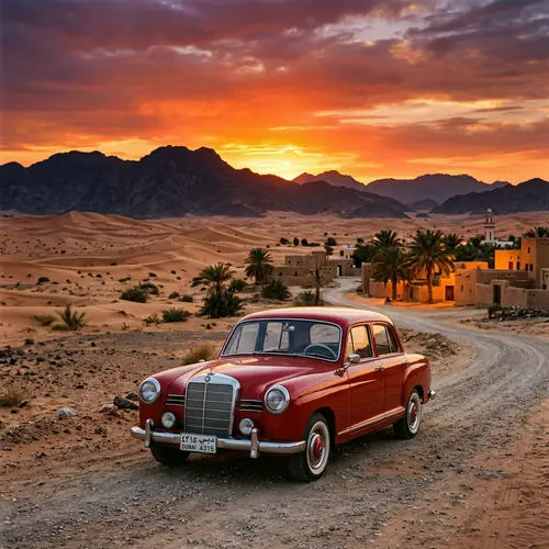 Classic Red Vintage Arabic Car in Desert Scenery
