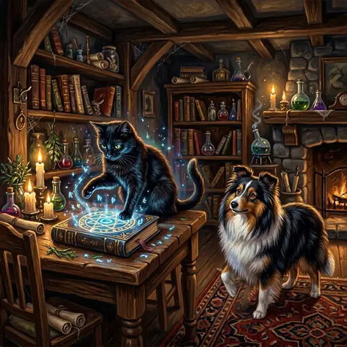 Mystifying Sorcery Scene with Black Feline and Curious Sheepdog