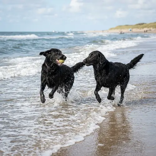 Playful Flat-Coated Retrievers at the Beach