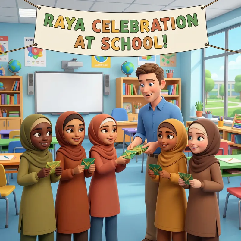 Vibrant Hijab Students Receive Raya Money - School Poster 3D Animation
