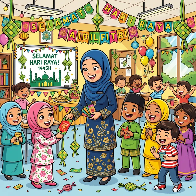 Diverse Hijab Students Receive Raya Money from Teacher Diverse Hijab Students Receive Raya Money from Teacher