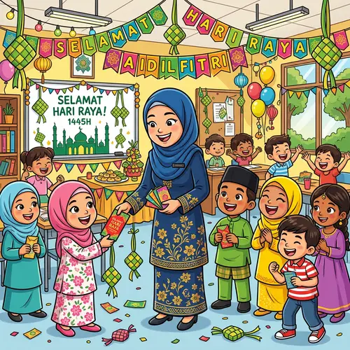 Diverse Students Celebrating Raya with Hijab Teacher