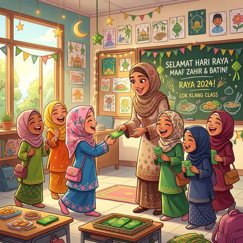 Pixar Cartoon Hijab Students Receiving Raya Money | Festive Classroom Scene