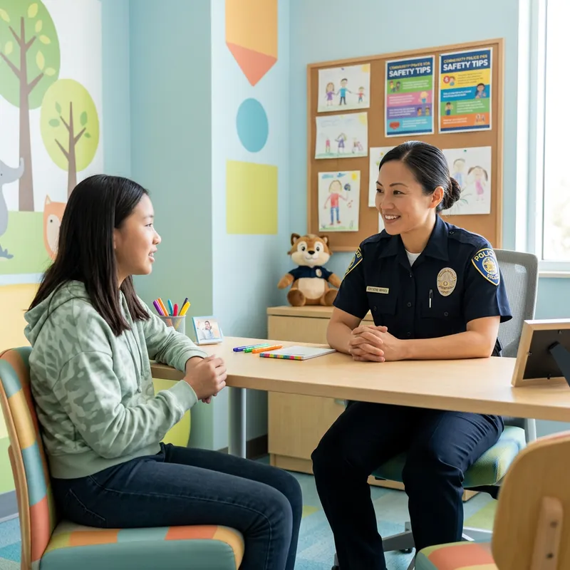 Engaging Asian Female Police Officer Talking to 13-Year-Old Girl Engaging Asian Female Police Officer Talking to 13-Year-Old Girl