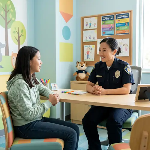 Friendly Asian Female Police Officer Engaging with 13-Year-Old Girl