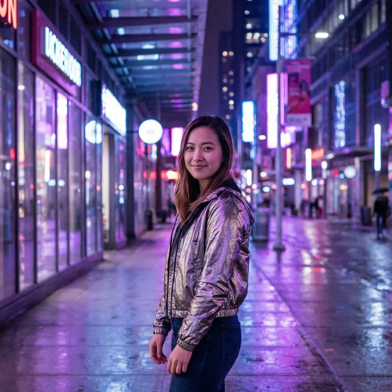 Neon Dreams: Stylish Young Woman in Urban Vibes