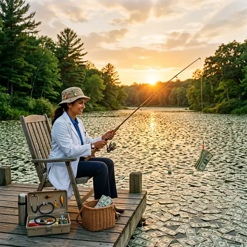 Female Doctor Fishing in Scenic Lake of Money