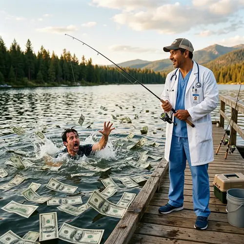 Doctor Fishing in Money-Filled Lake