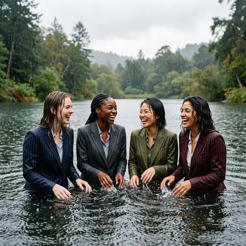 Joyful Moments: Women in Suits Enjoying a Lake