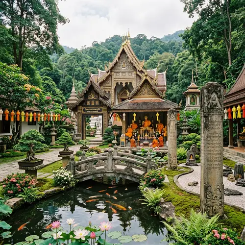 Serene Buddhist Temple in Lush Landscape | Golden Buddha Statues