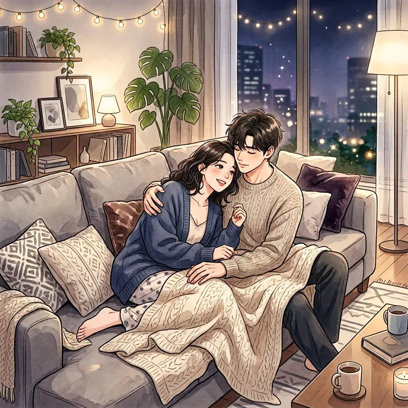 Cozy Romantic Manhwa Illustration of a Couple Cozy Romantic Manhwa Illustration of a Couple