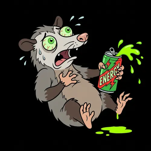 Humorous Possum Caricature: Heart Attack with Energy Drink