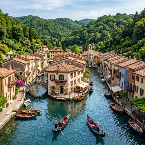 Tranquil Riverside Settlement with Boats and Forest Views