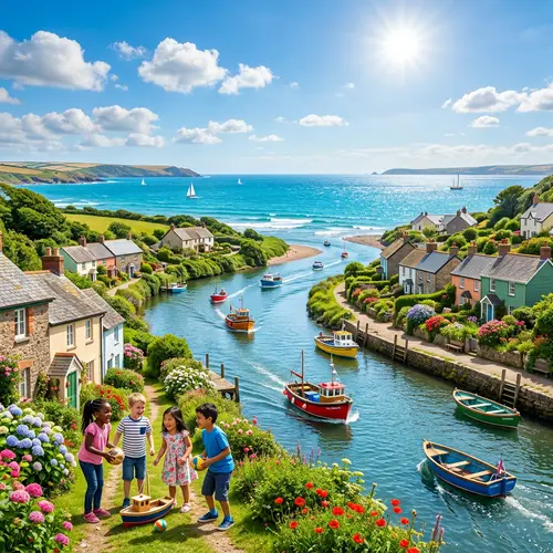 Serene River Confluence: Children Playing, Colorful Boats Sailing to Sea