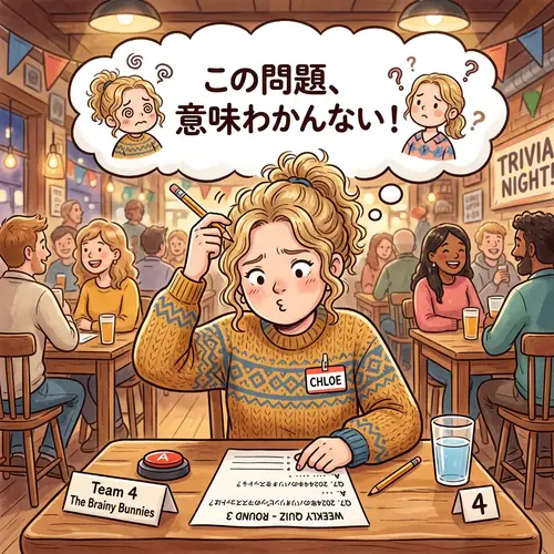 Humorous Quiz Moment: Confused Caucasian Woman in Thought Bubble (Japanese)