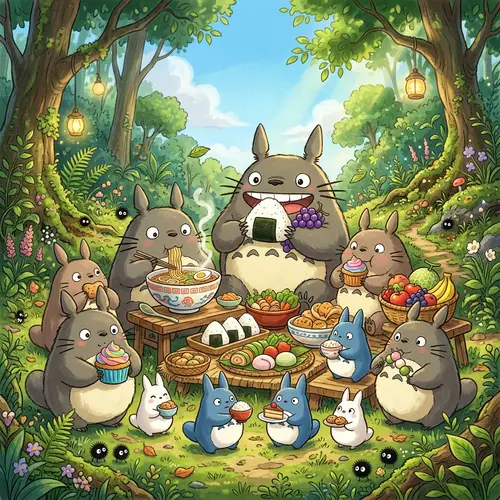 Whimsical Totoros Feasting on Delicious Foods in Enchanting Forest Scene