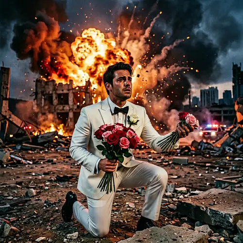 Passionate Proposal Scene with White Tuxedo Man