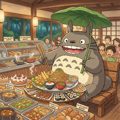 Famous Japanese Animated Movie Character Buffet Scene