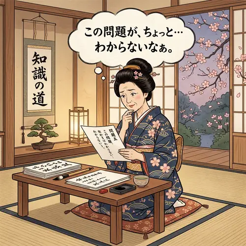 Japanese Style Illustration of Middle-Aged Woman Conducting a Quiz