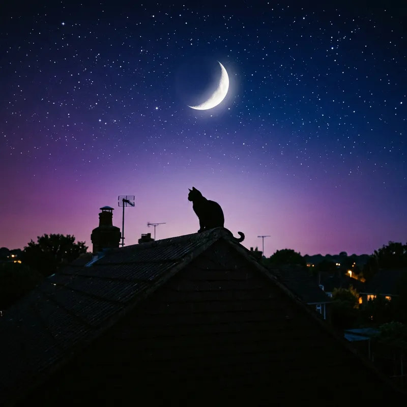 Silhouette of Cat on Rooftop under Purple Sky with Crescent Moon
